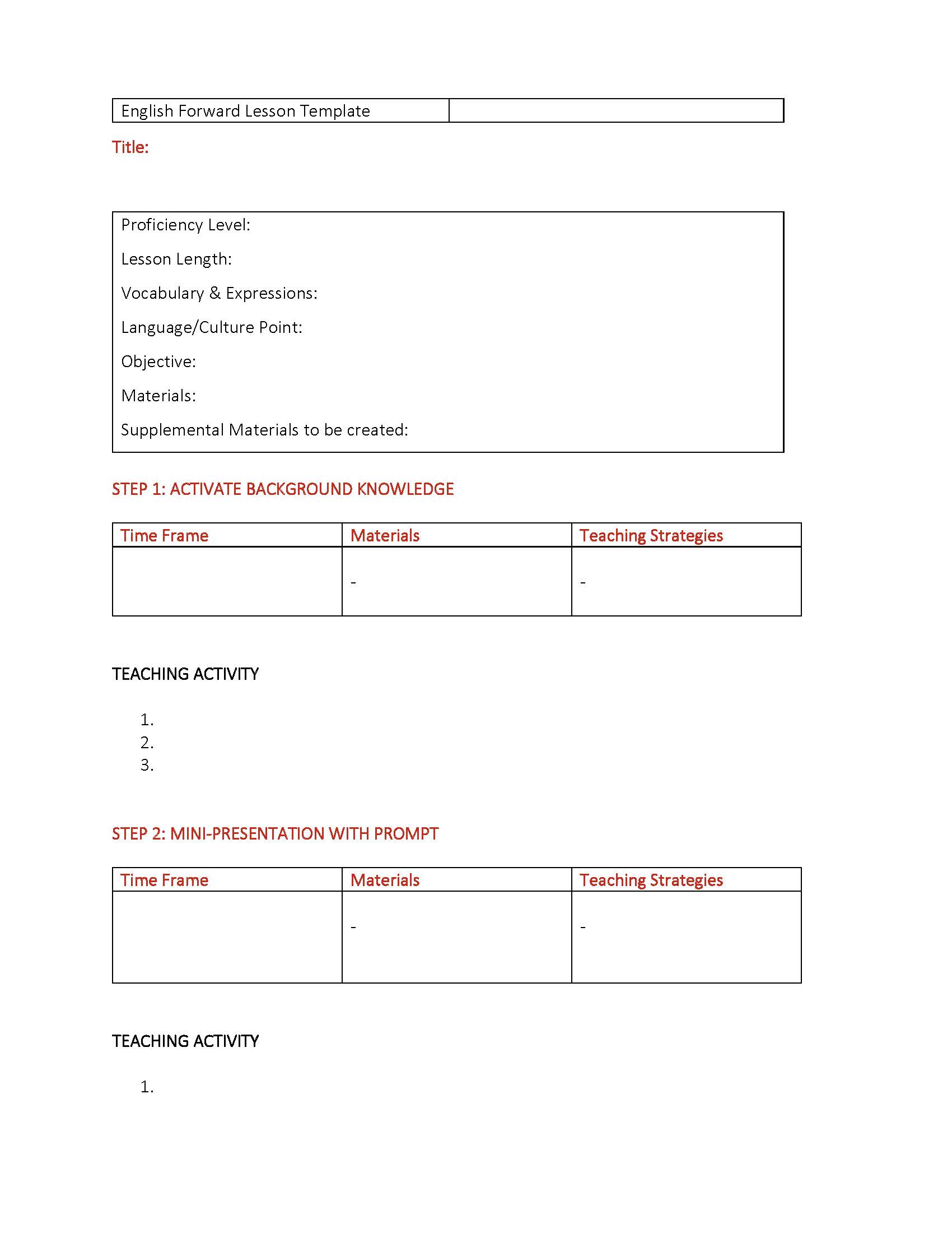 English Forward Lesson Template